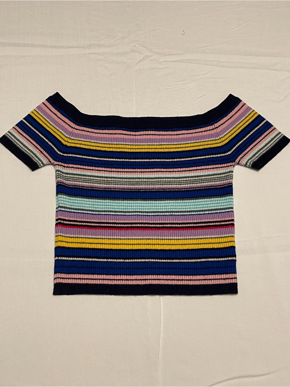 Playful Y2K Style Off-the-Shoulder Ribbed Knit Vibrant Multicolor Crop Top